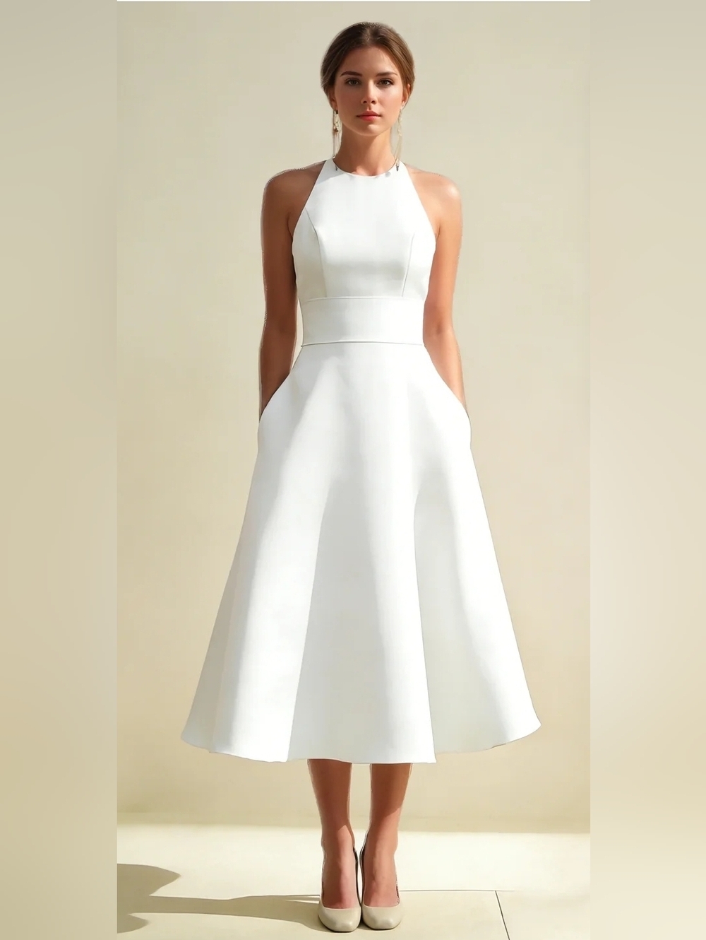 White Halter Midi Dress with Structured Waist